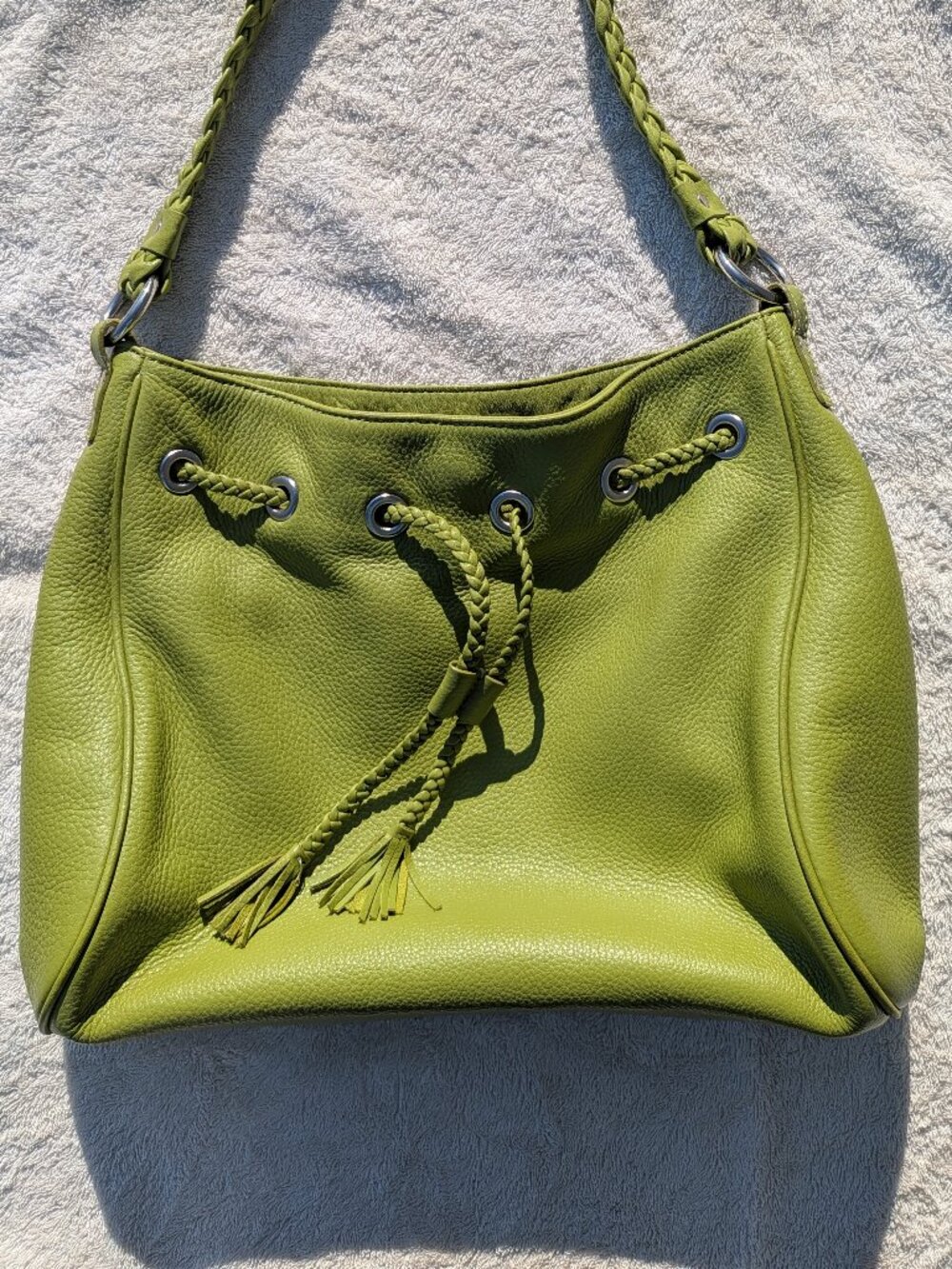 Talbots Green Leather Handbag with Braided Handle, Soft, EUC